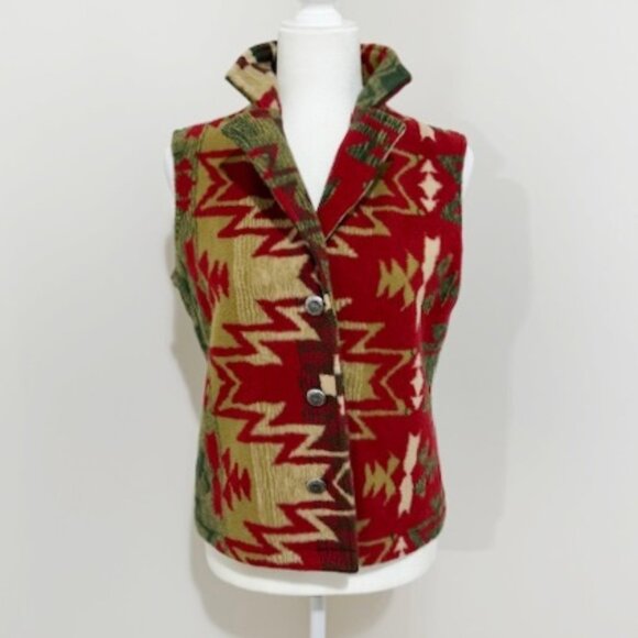 Orvis Aztec Southwestern Red Tan Green Fleece Button Vest Women's Size S - Picture 1 of 6